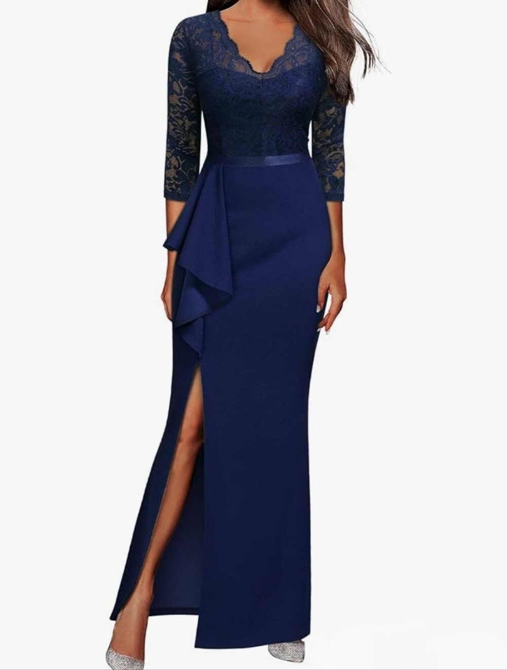 MISSMAY Women's Navy Floral Lace Half Sleeve Evening Party Ruffle Formal Long - Picture 3 of 9